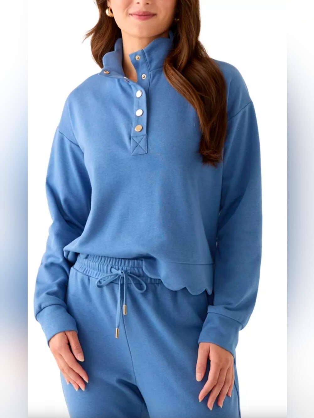 crown & ivy Blue Button-Neck Scallop-Hem Pullover